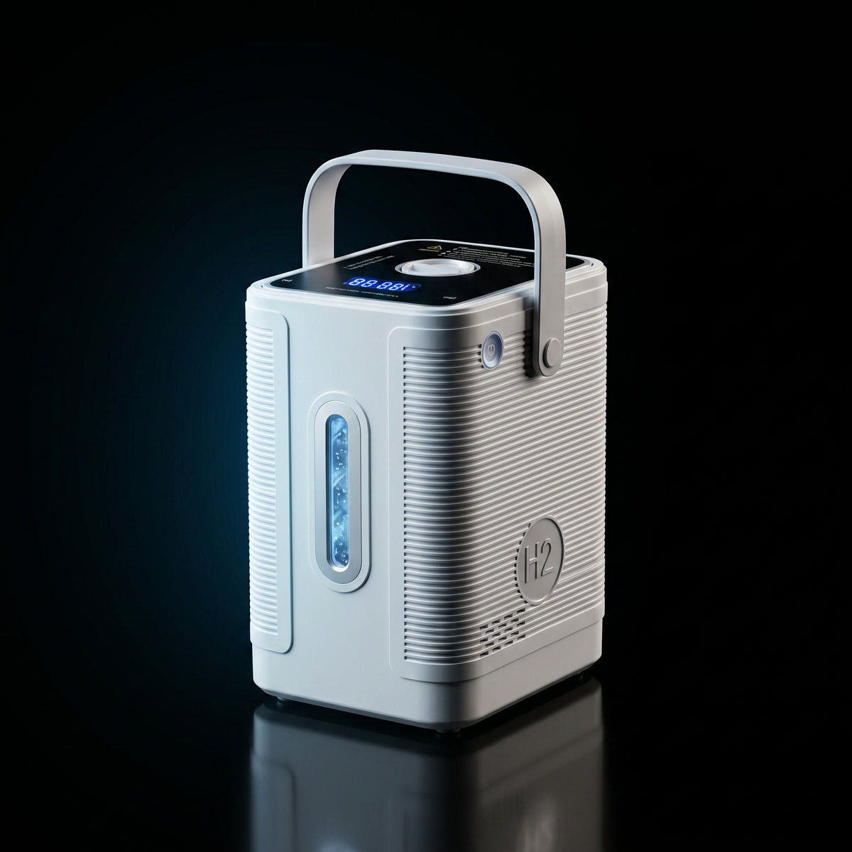 HYDROGENYX Go — bouteille à hydrogène portable, fond noir studio